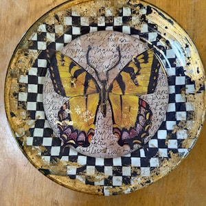 Decoupage&gold Leafed tiger tail swallowtail round  plate Handmade Artist signed Laurel wilder