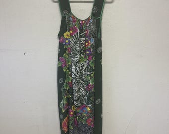 Vintage Elok Traditional Batik Sleeveless Maxi Dress Green Colorful Beachy sz m/L