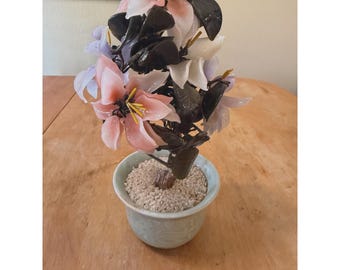 Bonsai glass flower and leaves purple pink green in small bowl 9inch
