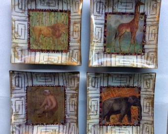 Set of 4 decoupage 8in square African animal plates