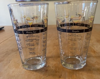 Vintage Cocktail Recipe Glasses Set Of 2 With Illustrations & Drink Recipes