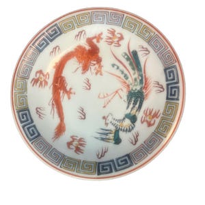 Vintage japanese Porcelain Dragon 8in Hand Painted Plate Bats On Underside