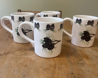 Rustic Acrita Fine Art Pottery Mugs Cups Pinecone Cabin Decor Set Of 4