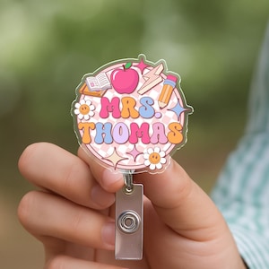 Retro Teacher Custom Name Badge Reel, Cute Teacher Badge Reel, Teacher Retractable Name Tag Clip, Back To School Gifts