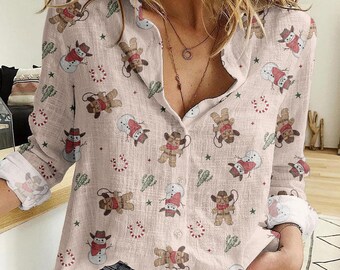 Christmas Cowboy Gingerbread Women Blouse, Howdy Christmas Shirt