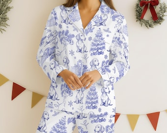 Benutzerdefinierte Haustier Chinoiserie Weihnachten Pyjamas, personalisierte Hund Katze Pjs Set, Toile De Jouy Hund Pjs
