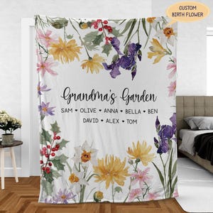 Nana&#39;s Garden Birth Flower Blanket, Custom Grandma Blanket, Personalized Gift For Nana Mimi