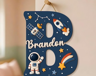 Namensschild „Weltraum“ aus Holz, Astronauten-Kinderzimmerschild, Kinderzimmerdeko