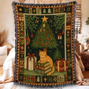 Weihnachtskatzen und Bücher gewebte Decke, Weihnachts Patchwork Decke, Katzenbuch Decke, Buch-Liebhaber-Geschenk, Weihnachtsgeschenke
