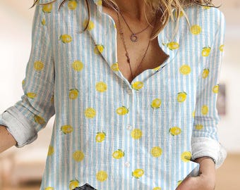 Blue Stripe Lemon Women Blouse, Retro Summer Vibes Shirt