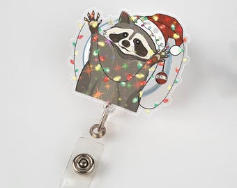 Christmas Raccoon Badge Reel – Retractable ID Badge Holder For Nurses, Teachers, Office (Coffee Theme)
