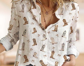 Coquette Cowboy Boots Femme Chemisier, Chemise Howdy Button