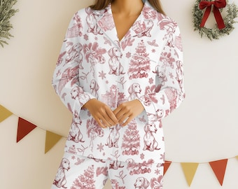 Benutzerdefinierte Haustier Toile De Jouy Weihnachtspyjamas, personalisierte Hundekatzen-Frauen-Pjs