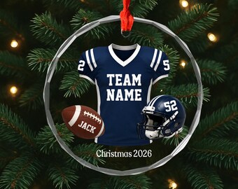 Individuell gestalteter Glasornament mit American-Football-Ausrüstung, Weihnachtsgeschenk für Football-Fans