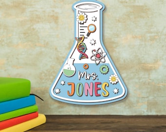 Individuelles Holzschild für Wissenschaftslehrer, personalisiertes Becherglas Klassenzimmerdekor, MINT Lehrer Geschenk