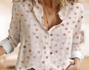 Neutral Colors Polka Dot Women Blouse, Retro Dots Button Shirt
