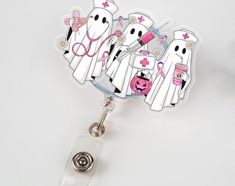 Roze halloween verpleegkundige spookbadge haspel, borstkanker ID-clip, borstkanker bewustzijn, cadeau oncologieverpleegkundige