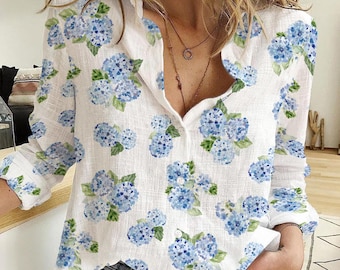 Chemisier bleu à fleurs et hortensias pour femme