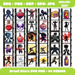 May include: A digital graphic design featuring 40 Brawl Stars designs in SVG, PNG, DXF, EPS, and JPG formats. The designs include various characters and icons from the game, presented in a film strip layout. The image is 4000x4000 pixels at 300 DPI.
