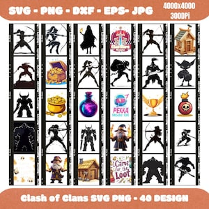 以下が含まれることがあります： クラッシュ・オブ・クランズのゲームから40のデザインを集めたデジタルアートコレクション。キャラクター、武器、ゲーム関連のアイコンが、カラフルな漫画スタイルで描かれています。画像上部には「SVG - PNG - DXF - EPS - JPG」の文字。