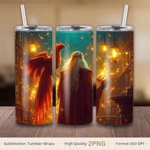 May include: A set of three sublimation tumbler wraps featuring a fantasy scene with a wizard, a phoenix, and a glowing orb. The design includes a cityscape with lanterns and a teal sky. The tumblers have a silver lid and a white straw.