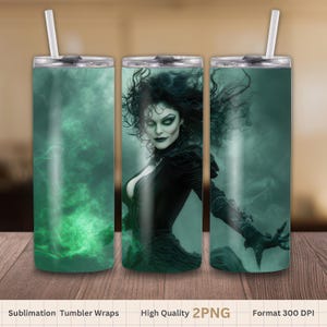 May include: Three stainless steel tumblers with lids and straws. The tumblers feature a design of a woman with dark hair and makeup in a black dress. The background is a green smoky design. The text at the bottom reads "Sublimation Tumbler Wraps", "High Quality 2PNG", and "Format 300 DPI".
