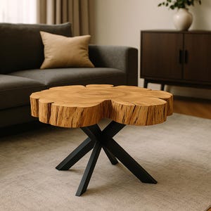Peut inclure: Une table basse en bois avec un dessus en forme de fleur. La table est soutenue par une base en métal noir. Le bois est de couleur brun clair avec un grain et une texture visibles. La table est un ajout élégant à tout salon. La table mesure environ 90 cm de diamètre.