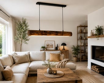 Luminária pendente rústica de madeira com LED | Lustre artesanal de madeira maciça | Luz LED regulável com controle remoto | Luminária de mesa estilo fazenda