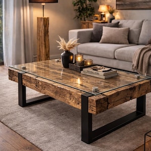 May include: A rectangular coffee table with a glass top and a wooden base. The base is made of thick, weathered wood beams with black metal legs. The table is in a living room setting with a neutral color scheme.