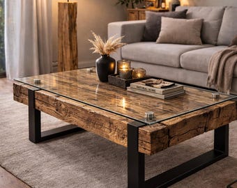 Mesa de centro de madera recuperada con tablero de cristal – Mesa rústica con vigas – Mesa de salón industrial estilo granja – Muebles de madera maciza hechos a mano