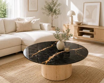 Mesa de centro rústica de tronco de árbol | Tapa de cristal efecto mármol | Mesa auxiliar de madera hecha a mano | Mesa de tronco natural | Tapa redonda de 60 / 70 / 80 cm