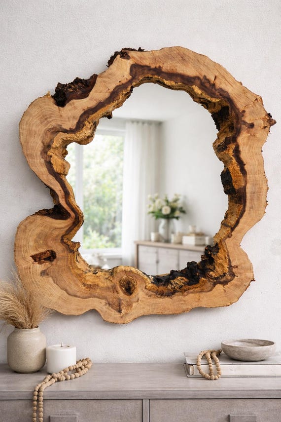 Elm Wood Live Edge Mirror 60 cm Rustic Handmade Wall Mirror Organic Natural Wood Mirror – Unique Statement Mirror – Scandinavian Boho Decor