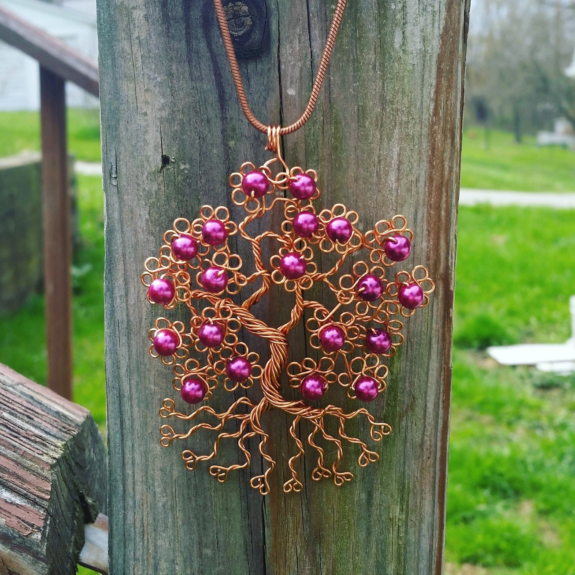 Copper Wire Bonsai Tree with Pink Glass Copper Twist & Glass Bead Decorative