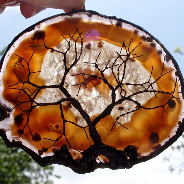 Black Wire Tree Of Life Metal Wall Art Sculpture On A Orange Brown And White Agate Stone Crystal Suncatcher