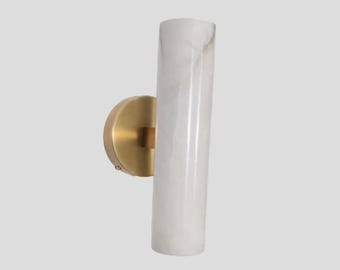 Brass Wall Sconce, Alabaster Tube Shade, Modern Wall Light, Bedroom Hallway Lamp