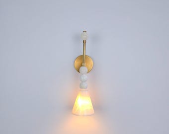 Brass Alabaster Wall Sconce, Modern  Light, Beaded Lamp, Mid Century Bedroom Sconce