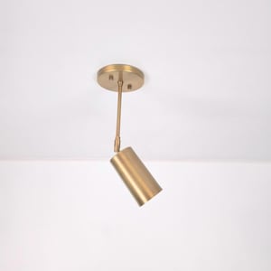 Puede incluir: Un foco de metal color latón con un soporte circular para el techo, una varilla vertical delgada y un cabezal cilíndrico ajustable mediante un punto de pivote. Todo el accesorio tiene un acabado metálico liso y uniforme.