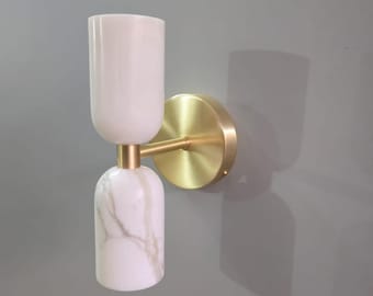 Alabaster stone marble Brass Wall Sconce, Mid Century Modern Wall Light, Bedroom Hallway Lighting