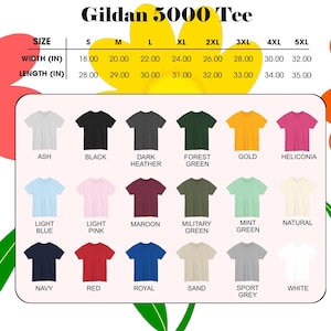 K&ouml;nnte beinhalten: Eine Farb- und Gr&ouml;&szlig;entabelle f&uuml;r Gildan 5000 T-Shirts. Farben: Ash, Black, Dark Heather, Forest Green, Gold, Heliconia, Light Blue, Light Pink, Maroon, Military Green, Mint Green, Natural, Navy, Red, Royal, Sand, Sport Grey und White. Gr&ouml;&szlig;en von S bis 5XL, Breiten von 45.7 bis 81.3 cm.