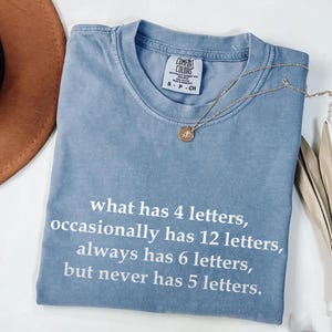 Funny Riddle Shirt, What Has 4 Letters Occasional Always But Never T-Shirt, Sarcastic Wordplay Tee, Clever Joke Top