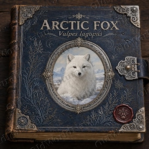 Könnte beinhalten: Ein dunkelblaues Hardcover-Buch mit dem Titel ARCTIC FOX Vulpes lagopus und einer ovalen Illustration eines weißen Fuchses in einer Schneelandschaft. Der Einband hat verzierte silberne Metallecken, einen Metallverschluss und ein rotes Wachssiegel.