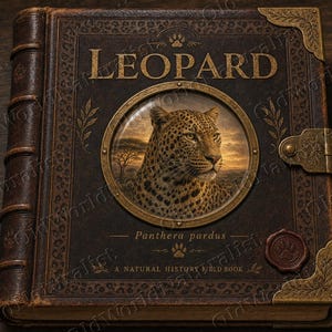 Könnte beinhalten: Ein dunkelbraunes, ledergebundenes Buch mit dem Titel LEOPARD und einem kreisförmigen Bild eines Leoparden auf dem Einband. Das Buch hat goldfarbene Metallecken, einen seitlichen Verschluss und ein Wachssiegel. Text: Panthera pardus und A NATURAL HISTORY FIELD BOOK.