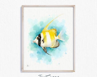 Arte mural de pez mariposa: decoración imprimible de océano tropical, pintura de acuarela de vida marina, impresión artística de casa de playa costera, arte de peces marinos 205