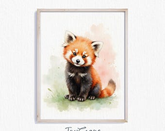 Baby Red Panda Cub Printable - Cute Nursery Wall Art, Adorable Animal Print, Cottagecore Decor, Watercolor Style Art, Kids Room 436