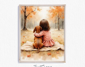 Dachshund with Girl in Autumn Forest - Printable Kids Art, Nursery Wall Decor, Dog Nursery Art for Girls, Digital Download Print 722