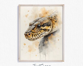 Reticulated Python Printable Wall Art - Moody Jungle Snake Watercolor, Rustic Wildlife Decor, Earthy Animal Painting, Digital Download 331