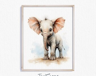 Baby Elephant Calf Watercolor Printable Nursery Wall Art - Gentle Safari Animal Digital Download