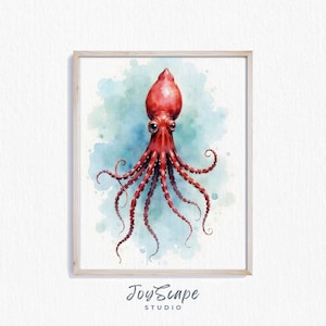 Giant Squid Watercolor Art - Printable Marine Wall Decor, Ocean Life Painting, Nautical Sea Creature, Coastal Vintage Style Artwork 214