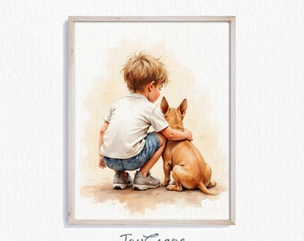 French Bulldog with Boy - Nursery Decor, Printable Kids Art, Dog Nursery Art, Wall Decor for Children, Digital Download Kids Room 726