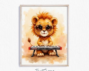 Funny Lion Playing Keyboard Watercolor Print, Printable Wall Art, Cute Nursery Decor for Kids Room, Adorable Animal Gift Download 548